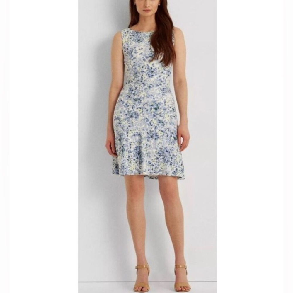 Ralph Lauren Black Label Floral Sleeveless Jersey Dress in Cream Blue Size 12